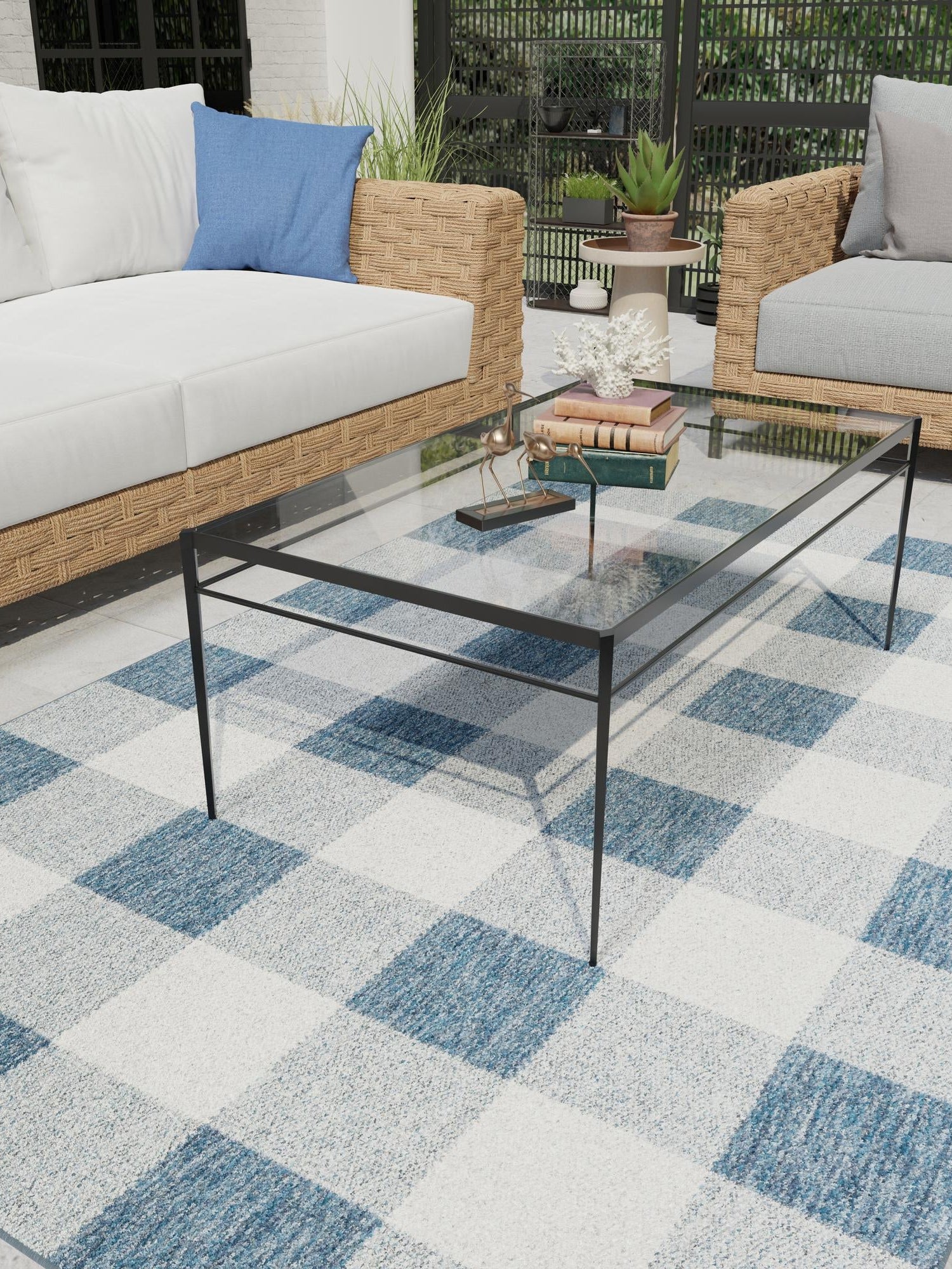 Blue 2' x 3' 1 Outdoor Checkered Rectangle Area Rug Weather Resistant for Patio, Deck, Terrace, Balcony, Porch 100% Polypropylene Geometric Carpet for Sale at Rug Engine