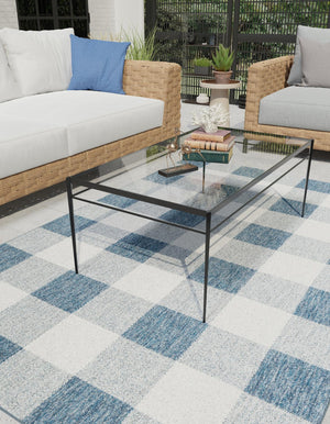Blue 4' 1 x 6' 1 Outdoor Checkered Rectangle Area Rug Weather Resistant for Patio, Deck, Terrace, Balcony, Porch 100% Polypropylene Geometric Carpet for Sale at Rug Engine