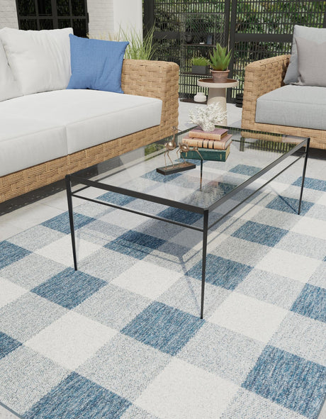 Blue 4' 1 x 6' 1 Outdoor Checkered Rectangle Area Rug Weather Resistant for Patio, Deck, Terrace, Balcony, Porch 100% Polypropylene Geometric Carpet for Sale at Rug Engine