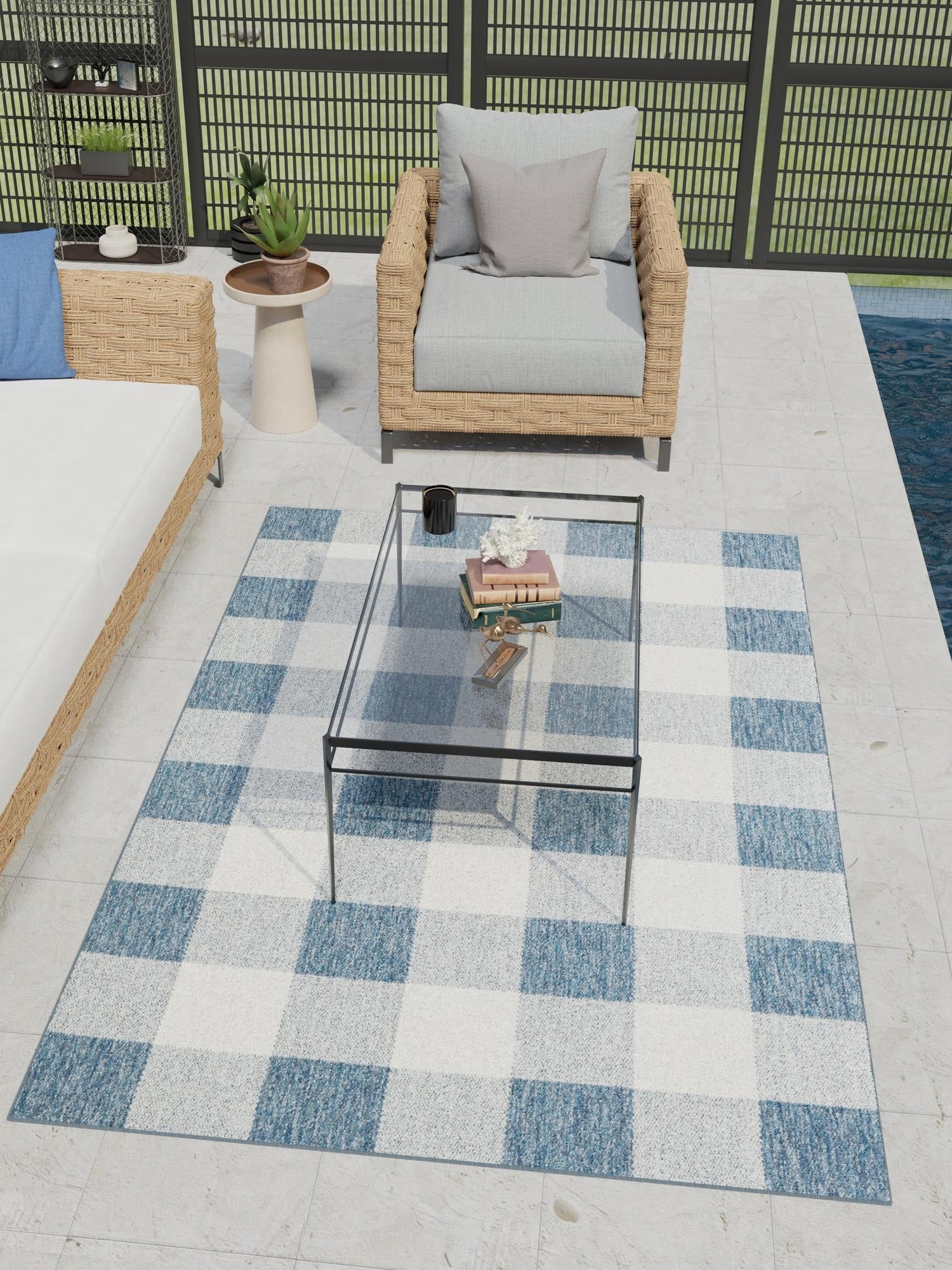 Blue 4' 1 x 6' 1 Outdoor Checkered Rectangle Area Rug Weather Resistant for Patio, Deck, Terrace, Balcony, Porch 100% Polypropylene Geometric Carpet for Sale at Rug Engine