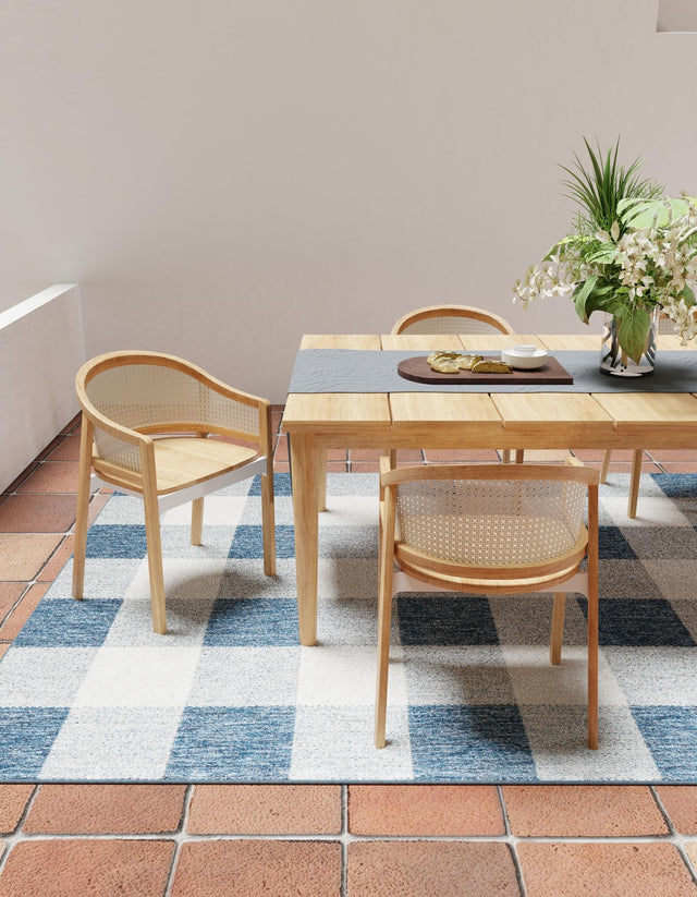Blue 2' x 3' 1 Outdoor Checkered Rectangle Area Rug Weather Resistant for Patio, Deck, Terrace, Balcony, Porch