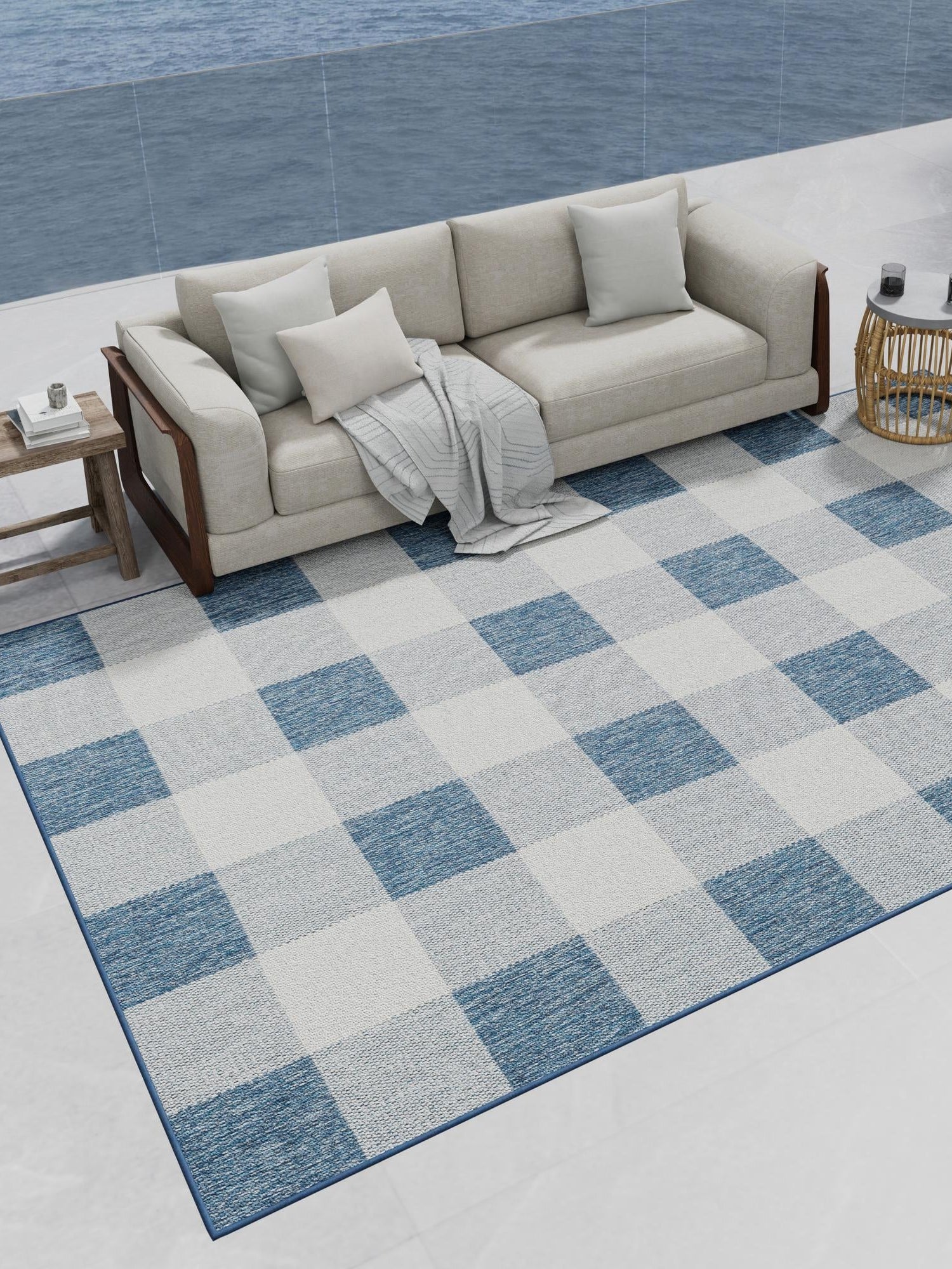Blue 2' x 3' 1 Outdoor Checkered Rectangle Area Rug Weather Resistant for Patio, Deck, Terrace, Balcony, Porch 100% Polypropylene Geometric Carpet for Sale at Rug Engine
