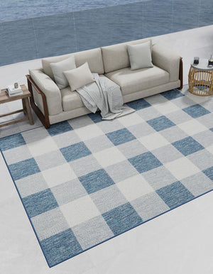 Blue 2' x 3' 1 Outdoor Checkered Rectangle Area Rug Weather Resistant for Patio, Deck, Terrace, Balcony, Porch