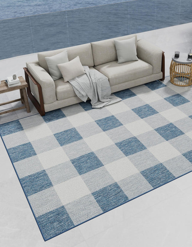 Blue 2' x 3' 1 Outdoor Checkered Rectangle Area Rug Weather Resistant for Patio, Deck, Terrace, Balcony, Porch