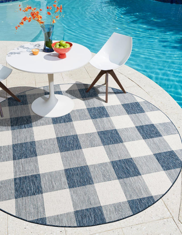 Blue 7' 10 x 7' 10 Outdoor Checkered Round Area Rug Weather Resistant for Patio, Deck, Terrace, Balcony, Porch 100% Polypropylene Geometric Carpet for Sale at Rug Engine