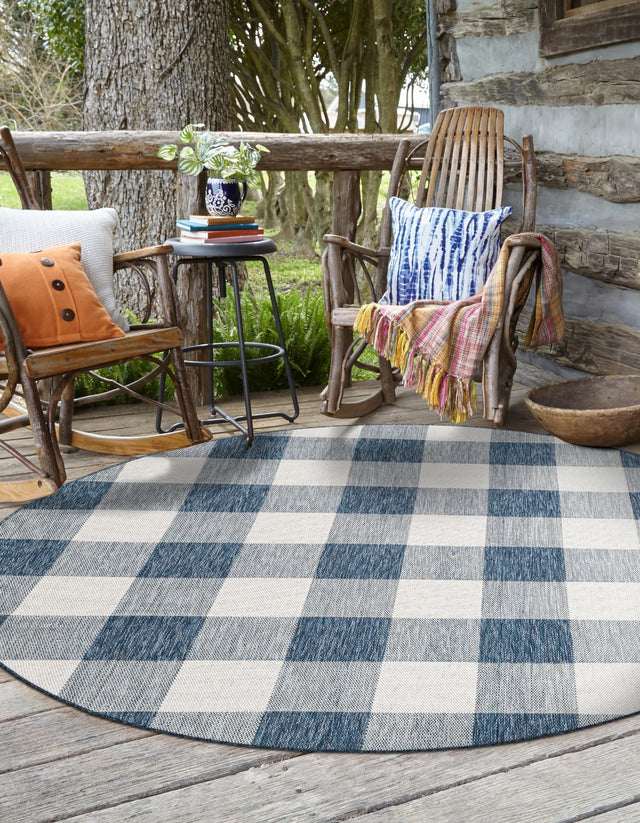 Blue 6' 1 x 6' 1 Outdoor Checkered Round Area Rug Weather Resistant for Patio, Deck, Terrace, Balcony, Porch 100% Polypropylene Geometric Carpet for Sale at Rug Engine