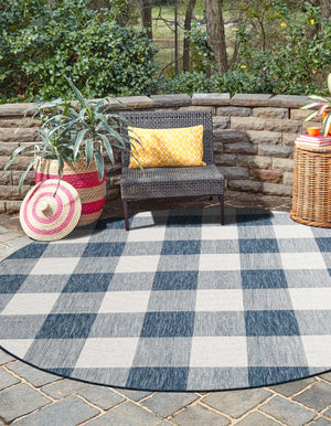 Blue 6' 1 x 6' 1 Outdoor Checkered Round Area Rug Weather Resistant for Patio, Deck, Terrace, Balcony, Porch 100% Polypropylene Geometric Carpet for Sale at Rug Engine