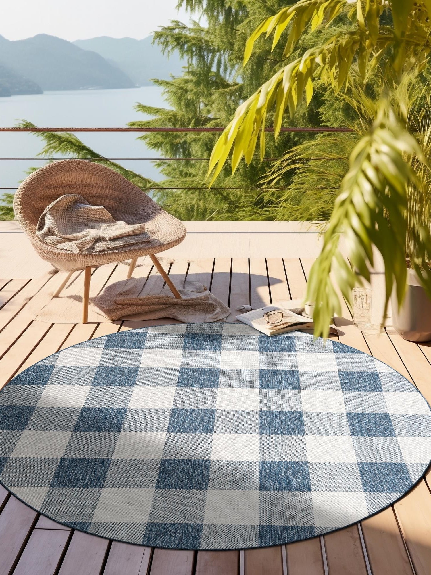 Blue 6' 1 x 6' 1 Outdoor Checkered Round Area Rug Weather Resistant for Patio, Deck, Terrace, Balcony, Porch 100% Polypropylene Geometric Carpet for Sale at Rug Engine