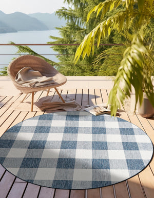 Blue 6' 1 x 6' 1 Outdoor Checkered Round Area Rug Weather Resistant for Patio, Deck, Terrace, Balcony, Porch 100% Polypropylene Geometric Carpet for Sale at Rug Engine