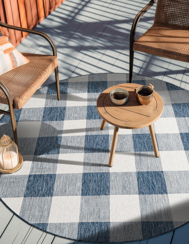 Blue 3' 1 x 3' 1 Outdoor Checkered Round Area Rug Weather Resistant for Patio, Deck, Terrace, Balcony, Porch 100% Polypropylene Geometric Carpet for Sale at Rug Engine