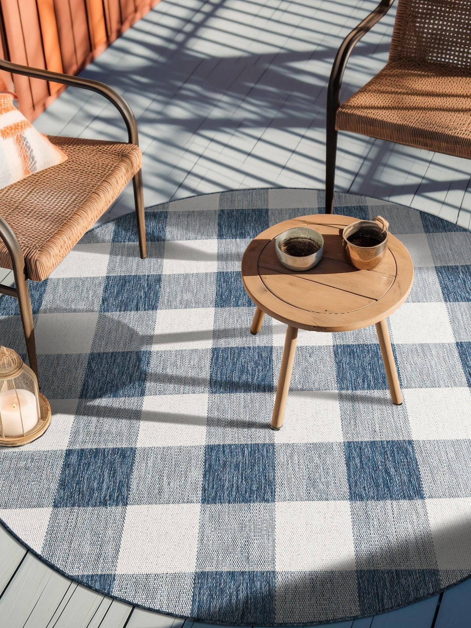 Blue 6' 1 x 6' 1 Outdoor Checkered Round Area Rug Weather Resistant for Patio, Deck, Terrace, Balcony, Porch 100% Polypropylene Geometric Carpet for Sale at Rug Engine