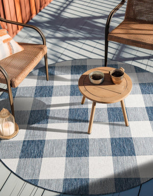 Blue 6' 1 x 6' 1 Outdoor Checkered Round Area Rug Weather Resistant for Patio, Deck, Terrace, Balcony, Porch 100% Polypropylene Geometric Carpet for Sale at Rug Engine