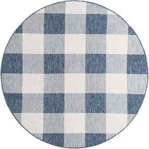 Blue 6' 1 x 6' 1 Outdoor Checkered Round Area Rug Weather Resistant for Patio, Deck, Terrace, Balcony, Porch 100% Polypropylene Geometric Carpet for Sale at Rug Engine