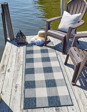 Blue 2' x 8' Outdoor Checkered Runner Area Rug Weather Resistant for Patio, Deck, Terrace, Balcony, Porch 100% Polypropylene Geometric Carpet for Sale at Rug Engine