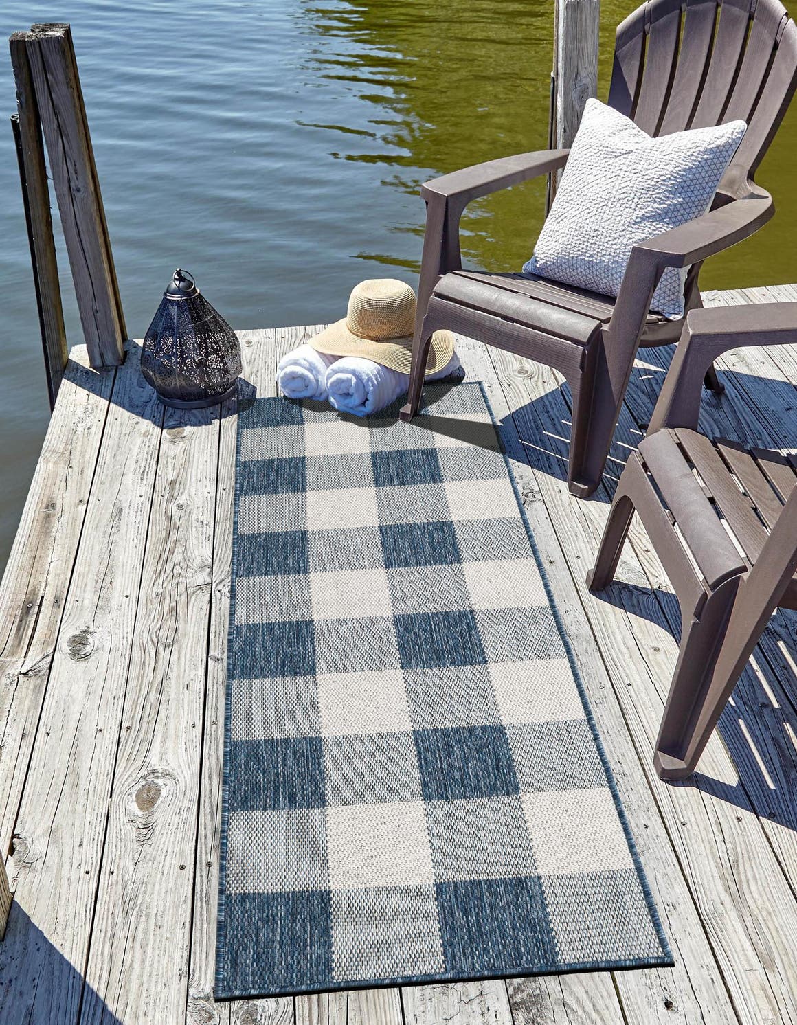 Blue 2' x 5' 3 Outdoor Checkered Runner Area Rug Weather Resistant for Patio, Deck, Terrace, Balcony, Porch 100% Polypropylene Geometric Carpet for Sale at Rug Engine