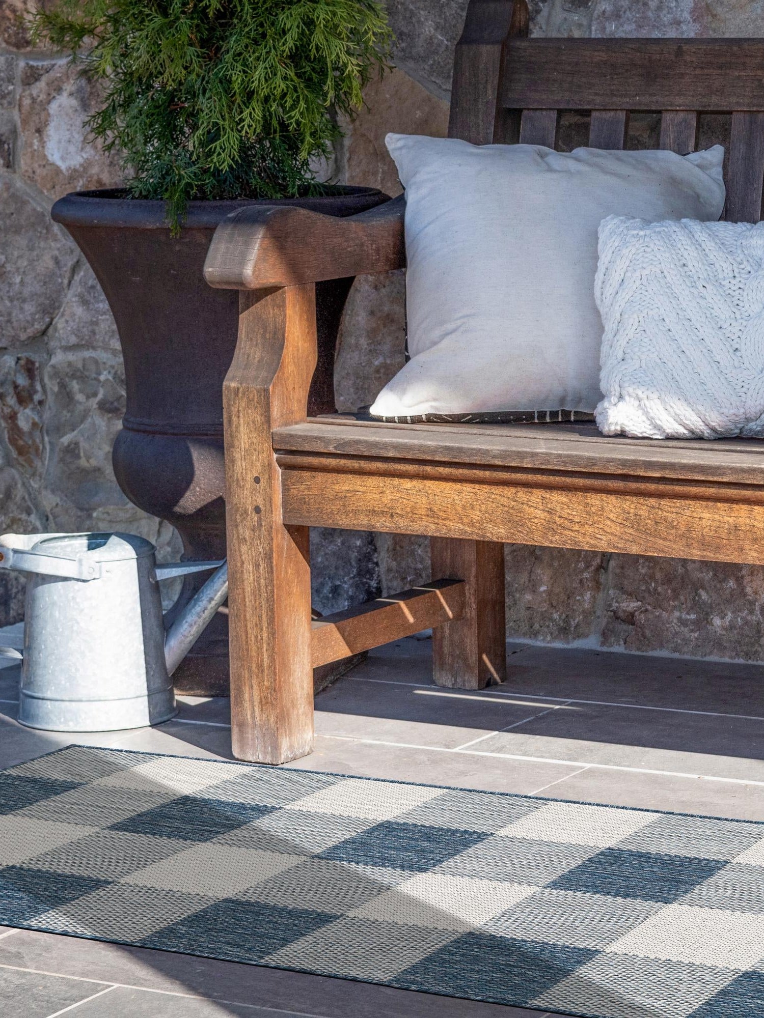 Blue 2' x 8' Outdoor Checkered Runner Area Rug Weather Resistant for Patio, Deck, Terrace, Balcony, Porch 100% Polypropylene Geometric Carpet for Sale at Rug Engine