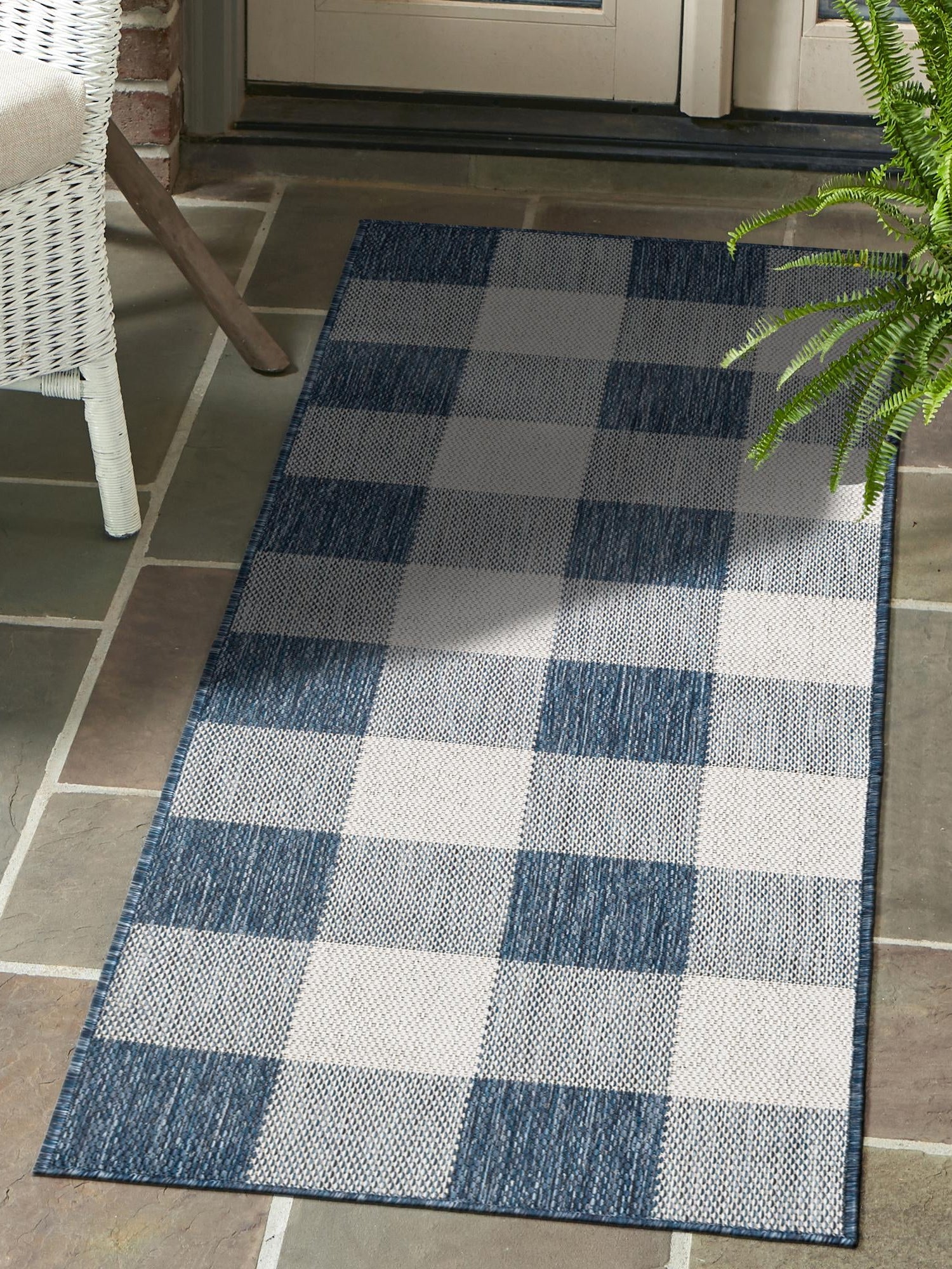 Blue 2' x 6' 1 Outdoor Checkered Runner Area Rug Weather Resistant for Patio, Deck, Terrace, Balcony, Porch 100% Polypropylene Geometric Carpet for Sale at Rug Engine