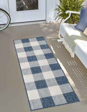 Blue 2' x 5' 3 Outdoor Checkered Runner Area Rug Weather Resistant for Patio, Deck, Terrace, Balcony, Porch 100% Polypropylene Geometric Carpet for Sale at Rug Engine