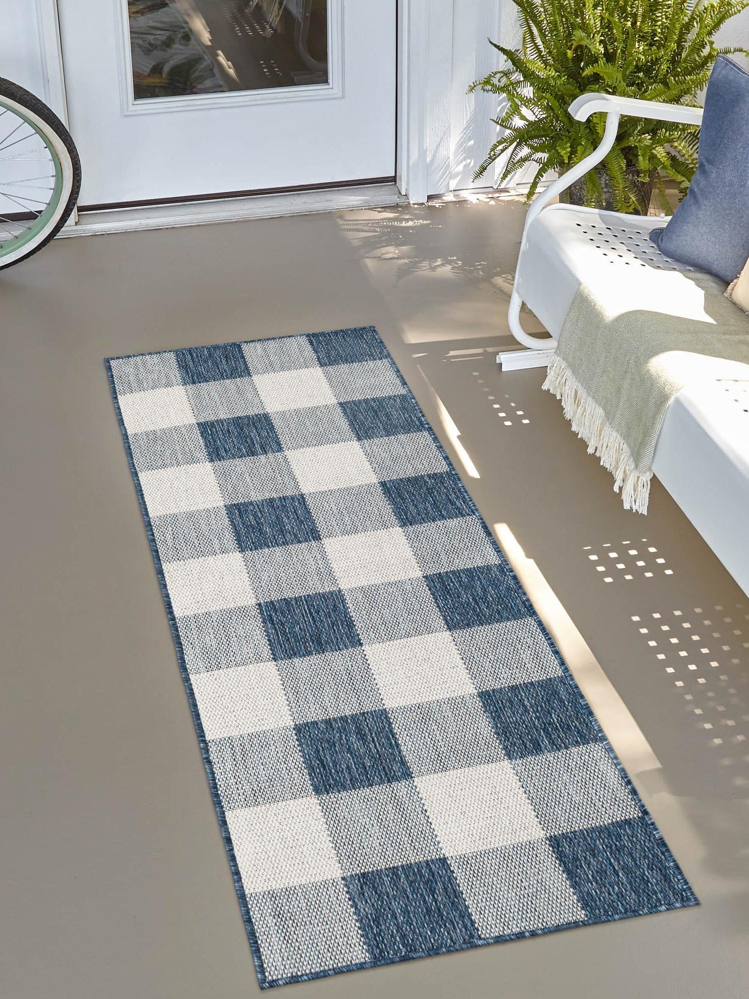 Blue 2' x 6' 1 Outdoor Checkered Runner Area Rug Weather Resistant for Patio, Deck, Terrace, Balcony, Porch 100% Polypropylene Geometric Carpet for Sale at Rug Engine
