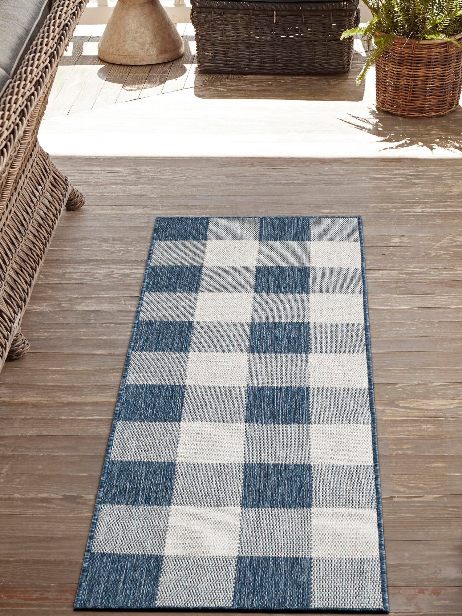 Blue 2' 7 x 12' Outdoor Checkered Runner Area Rug Weather Resistant for Patio, Deck, Terrace, Balcony, Porch 100% Polypropylene Geometric Carpet for Sale at Rug Engine