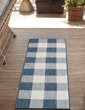 Blue 2' 7 x 12' Outdoor Checkered Runner Area Rug Weather Resistant for Patio, Deck, Terrace, Balcony, Porch 100% Polypropylene Geometric Carpet for Sale at Rug Engine
