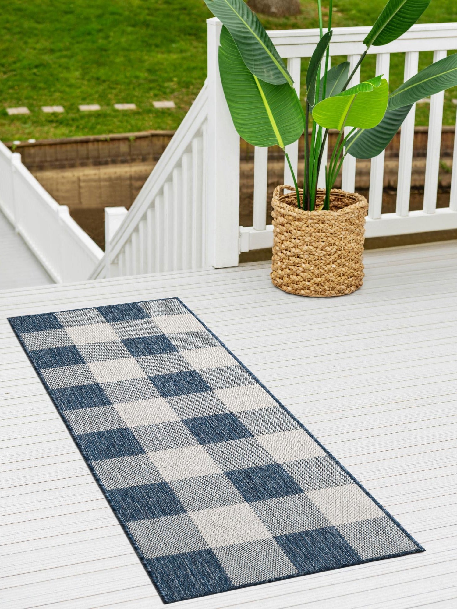 Blue 2' 7 x 12' Outdoor Checkered Runner Area Rug Weather Resistant for Patio, Deck, Terrace, Balcony, Porch 100% Polypropylene Geometric Carpet for Sale at Rug Engine