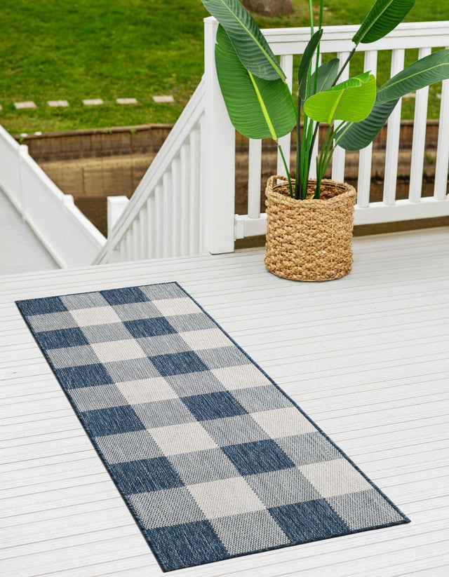 Blue 2' 7 x 12' Outdoor Checkered Runner Area Rug Weather Resistant for Patio, Deck, Terrace, Balcony, Porch 100% Polypropylene Geometric Carpet for Sale at Rug Engine