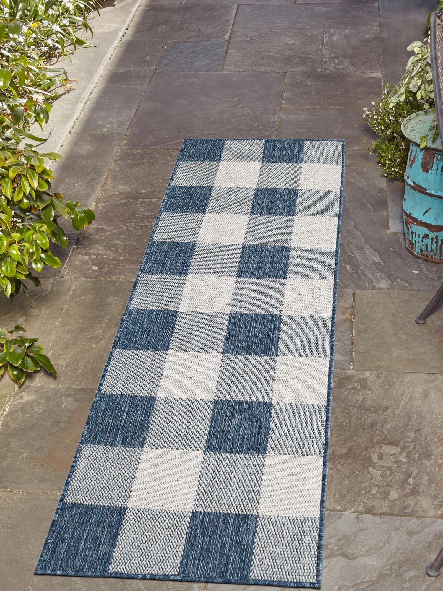 Blue 2' 7 x 12' Outdoor Checkered Runner Area Rug Weather Resistant for Patio, Deck, Terrace, Balcony, Porch 100% Polypropylene Geometric Carpet for Sale at Rug Engine