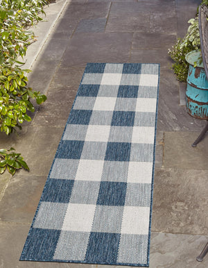 Blue 2' x 6' 1 Outdoor Checkered Runner Area Rug Weather Resistant for Patio, Deck, Terrace, Balcony, Porch 100% Polypropylene Geometric Carpet for Sale at Rug Engine