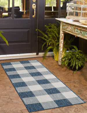 Blue 2' x 5' 3 Outdoor Checkered Runner Area Rug Weather Resistant for Patio, Deck, Terrace, Balcony, Porch 100% Polypropylene Geometric Carpet for Sale at Rug Engine