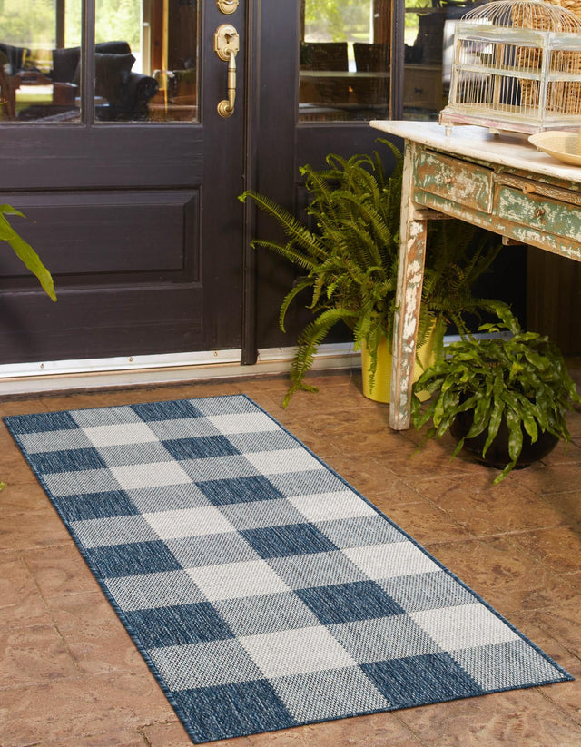 Blue 2' x 5' 3 Outdoor Checkered Runner Area Rug Weather Resistant for Patio, Deck, Terrace, Balcony, Porch 100% Polypropylene Geometric Carpet for Sale at Rug Engine