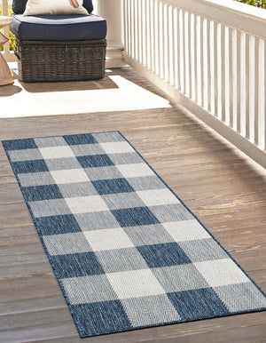Blue 2' x 5' 3 Outdoor Checkered Runner Area Rug Weather Resistant for Patio, Deck, Terrace, Balcony, Porch 100% Polypropylene Geometric Carpet for Sale at Rug Engine