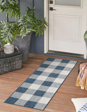 Blue 2' x 5' 3 Outdoor Checkered Runner Area Rug Weather Resistant for Patio, Deck, Terrace, Balcony, Porch 100% Polypropylene Geometric Carpet for Sale at Rug Engine