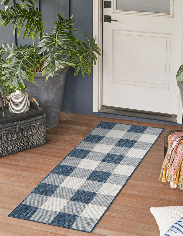 Blue 2' x 5' 3 Outdoor Checkered Runner Area Rug Weather Resistant for Patio, Deck, Terrace, Balcony, Porch 100% Polypropylene Geometric Carpet for Sale at Rug Engine