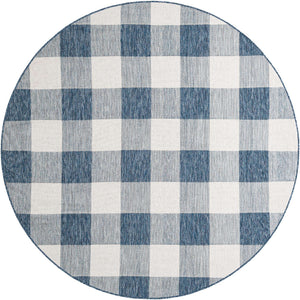 Blue 7' 10 x 7' 10 Outdoor Checkered Round Area Rug Weather Resistant for Patio, Deck, Terrace, Balcony, Porch 100% Polypropylene Geometric Carpet for Sale at Rug Engine