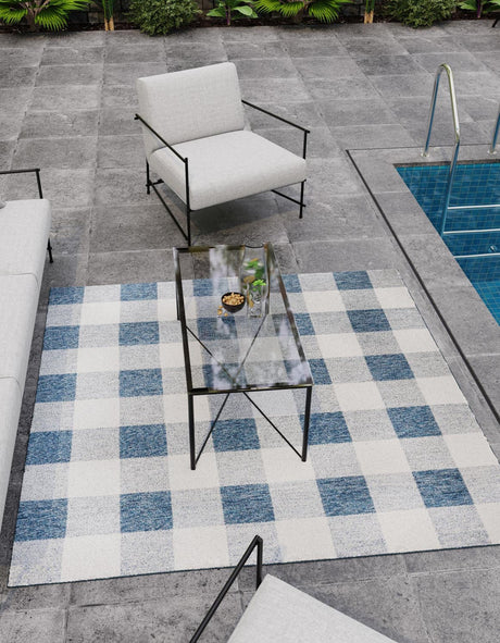 Blue 10' x 10' Outdoor Checkered Square Area Rug Weather Resistant for Patio, Deck, Terrace, Balcony, Porch