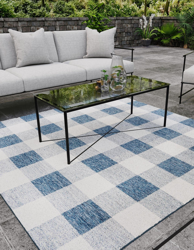 Blue 10' x 10' Outdoor Checkered Square Area Rug Weather Resistant for Patio, Deck, Terrace, Balcony, Porch