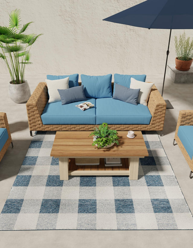 Blue 10' x 10' Outdoor Checkered Square Area Rug Weather Resistant for Patio, Deck, Terrace, Balcony, Porch