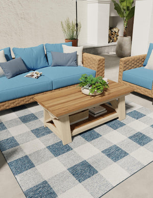 Blue 10' x 10' Outdoor Checkered Square Area Rug Weather Resistant for Patio, Deck, Terrace, Balcony, Porch