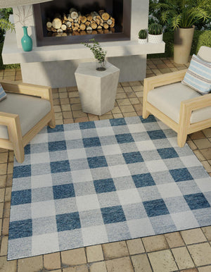 Blue 7' 10 x 7' 10 Outdoor Checkered Square Area Rug Weather Resistant for Patio, Deck, Terrace, Balcony, Porch 100% Polypropylene Geometric Carpet for Sale at Rug Engine