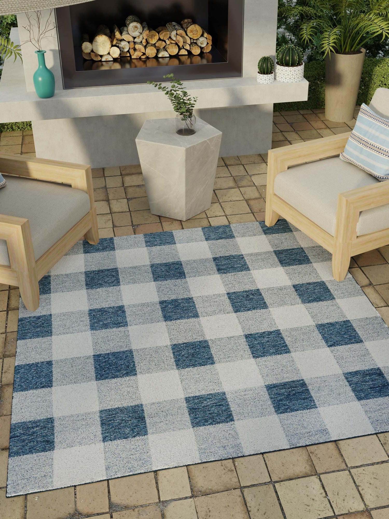 Blue 10' x 10' Outdoor Checkered Square Area Rug Weather Resistant for Patio, Deck, Terrace, Balcony, Porch 100% Polypropylene Geometric Carpet for Sale at Rug Engine
