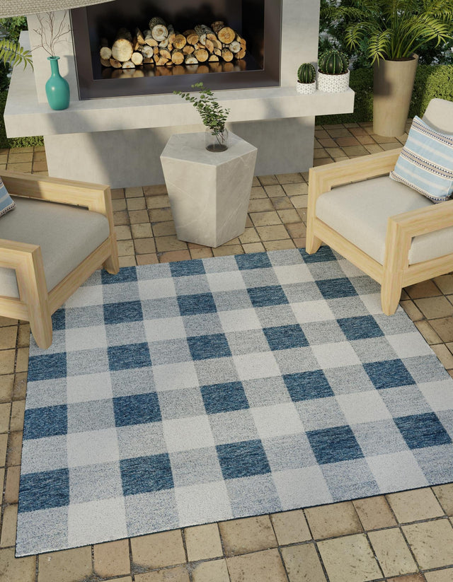 Blue 10' x 10' Outdoor Checkered Square Area Rug Weather Resistant for Patio, Deck, Terrace, Balcony, Porch