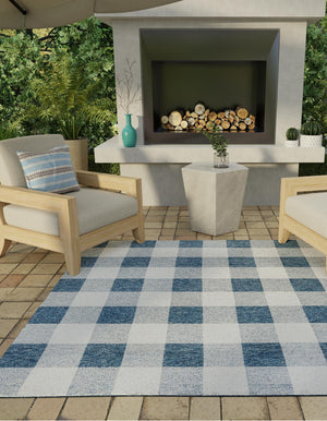 Blue 7' 10 x 7' 10 Outdoor Checkered Square Area Rug Weather Resistant for Patio, Deck, Terrace, Balcony, Porch 100% Polypropylene Geometric Carpet for Sale at Rug Engine