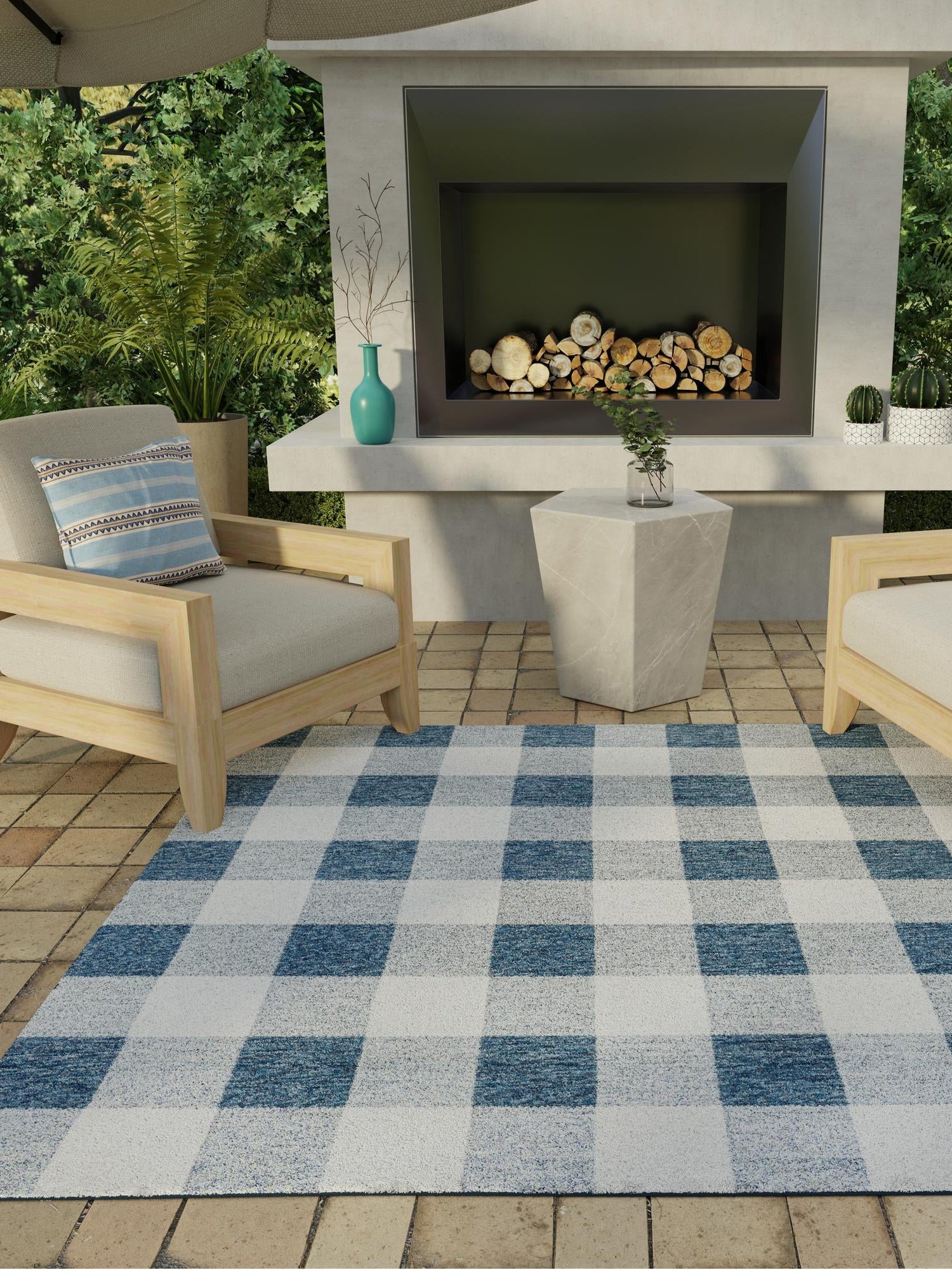 Blue 10' x 10' Outdoor Checkered Square Area Rug Weather Resistant for Patio, Deck, Terrace, Balcony, Porch 100% Polypropylene Geometric Carpet for Sale at Rug Engine