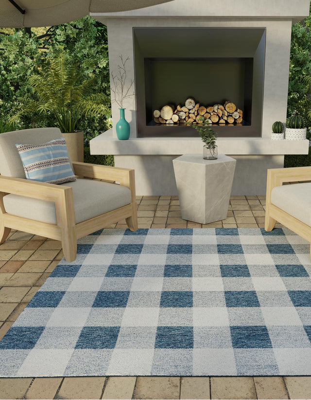 Blue 10' x 10' Outdoor Checkered Square Area Rug Weather Resistant for Patio, Deck, Terrace, Balcony, Porch