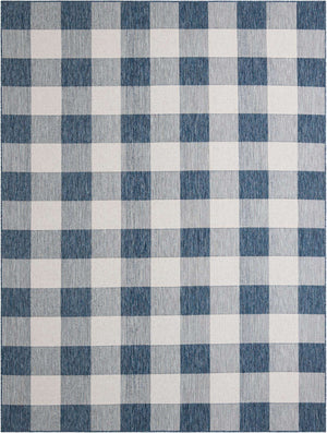 Blue 9' x 12' Outdoor Checkered Rectangle Area Rug Weather Resistant for Patio, Deck, Terrace, Balcony, Porch 100% Polypropylene Geometric Carpet for Sale at Rug Engine