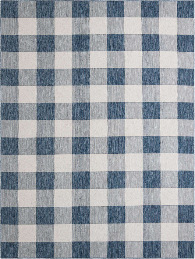 Blue 9' x 12' Outdoor Checkered Rectangle Area Rug Weather Resistant for Patio, Deck, Terrace, Balcony, Porch 100% Polypropylene Geometric Carpet for Sale at Rug Engine