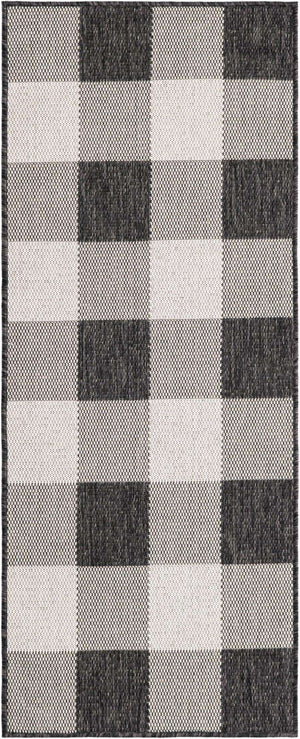 Black and White 2' x 5' 3 Outdoor Checkered Runner Area Rug Weather Resistant for Patio, Deck, Terrace, Balcony, Porch 100% Polypropylene Geometric Carpet for Sale at Rug Engine