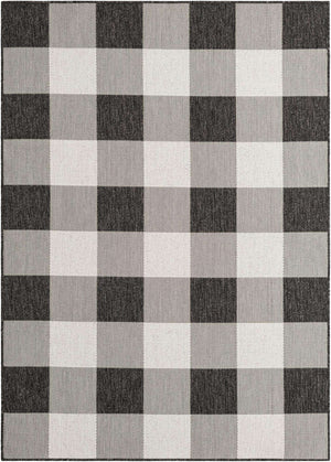 Black and White 5' 3 x 7' 1 Outdoor Checkered Rectangle Area Rug Weather Resistant for Patio, Deck, Terrace, Balcony, Porch 100% Polypropylene Geometric Carpet for Sale at Rug Engine