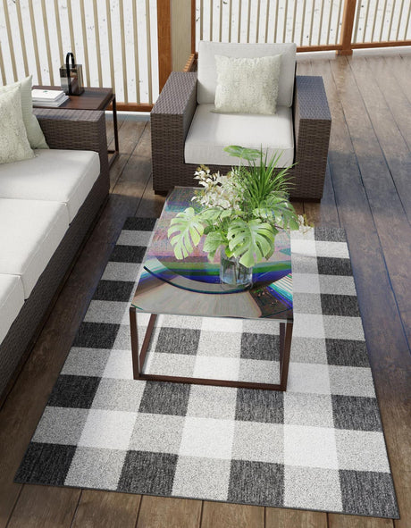 Black and White 2' x 3' 1 Outdoor Checkered Rectangle Area Rug Weather Resistant for Patio, Deck, Terrace, Balcony, Porch 100% Polypropylene Geometric Carpet for Sale at Rug Engine